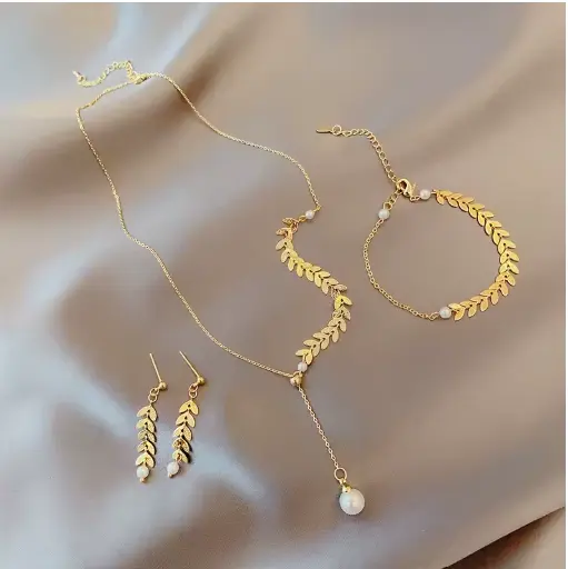 Conjunto Elegante de Joyería para Mujer – Diseño Espiga de Trigo con Perlas 